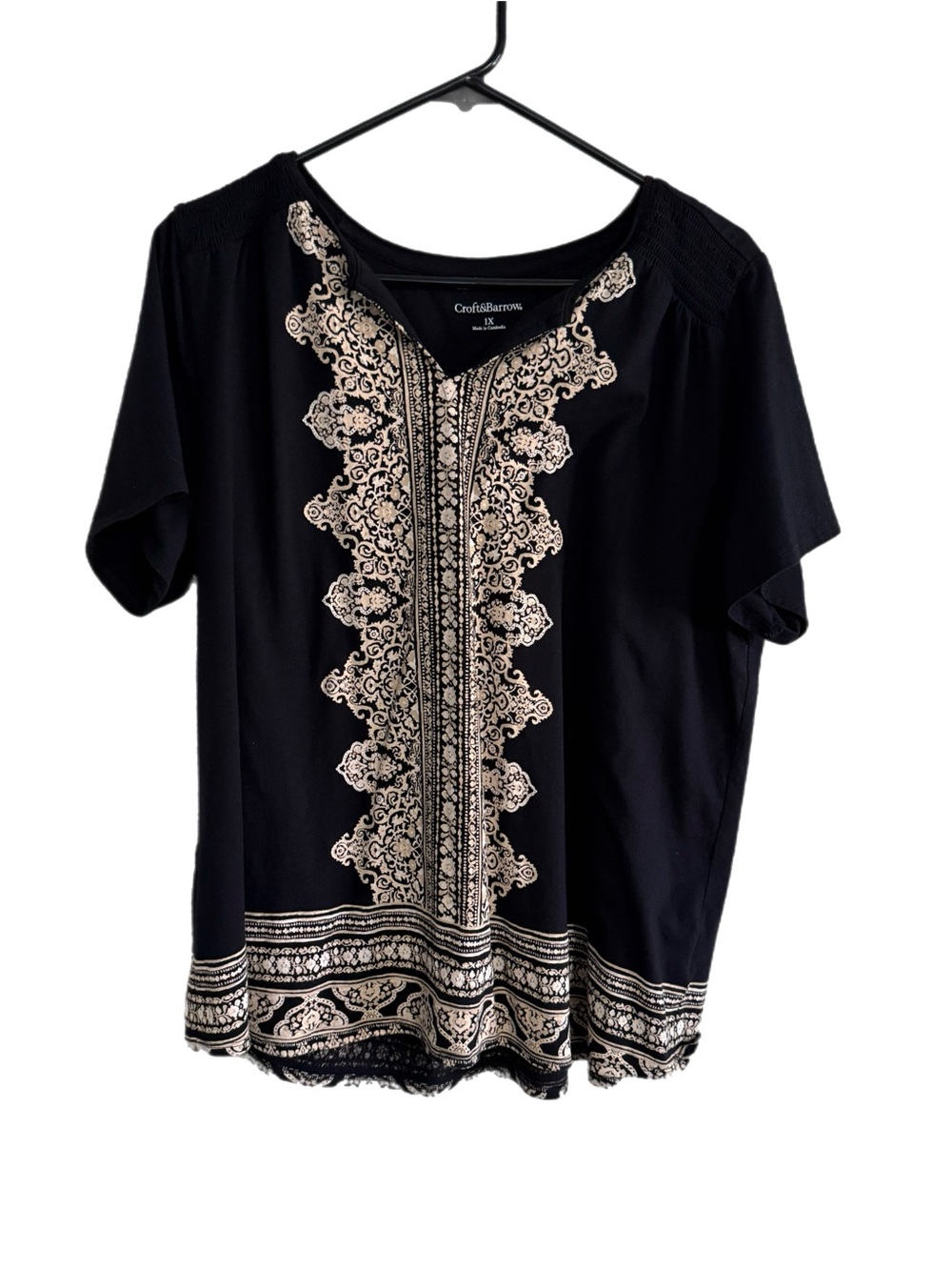 croft & barrow Black Short-Sleeve Top with Cream Design Size 1X